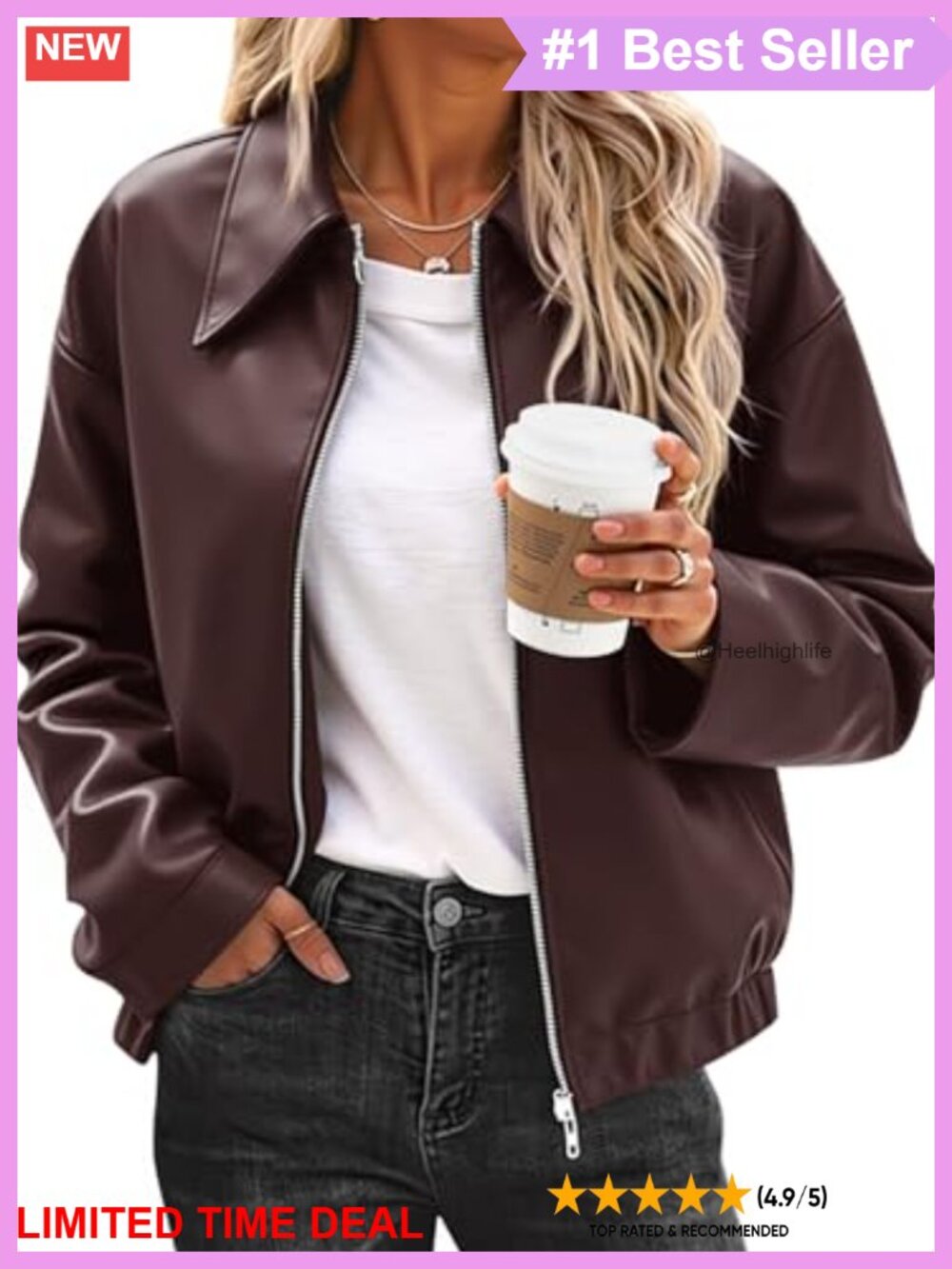 Faux Leather Bomber Jacket Cropped Motorcycle Zip Up Casual Fall Outerwear